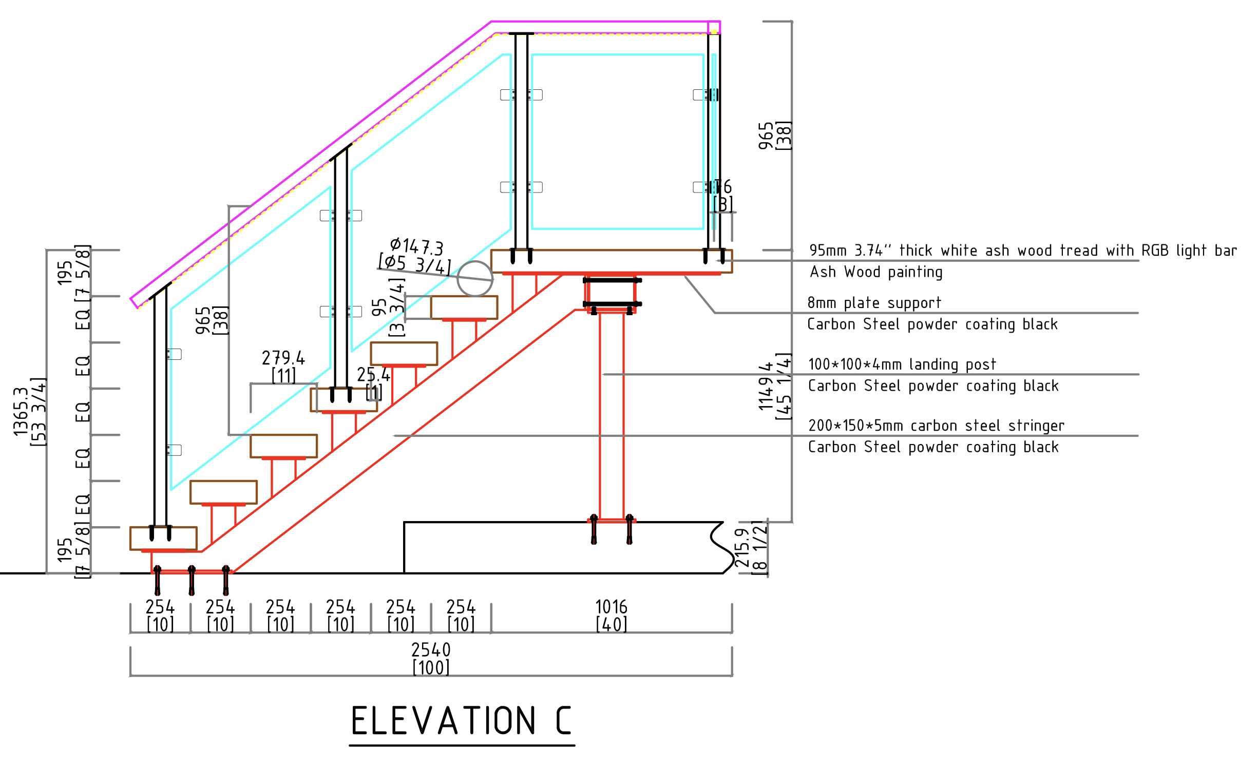 Elevation C — lower flight with material callouts